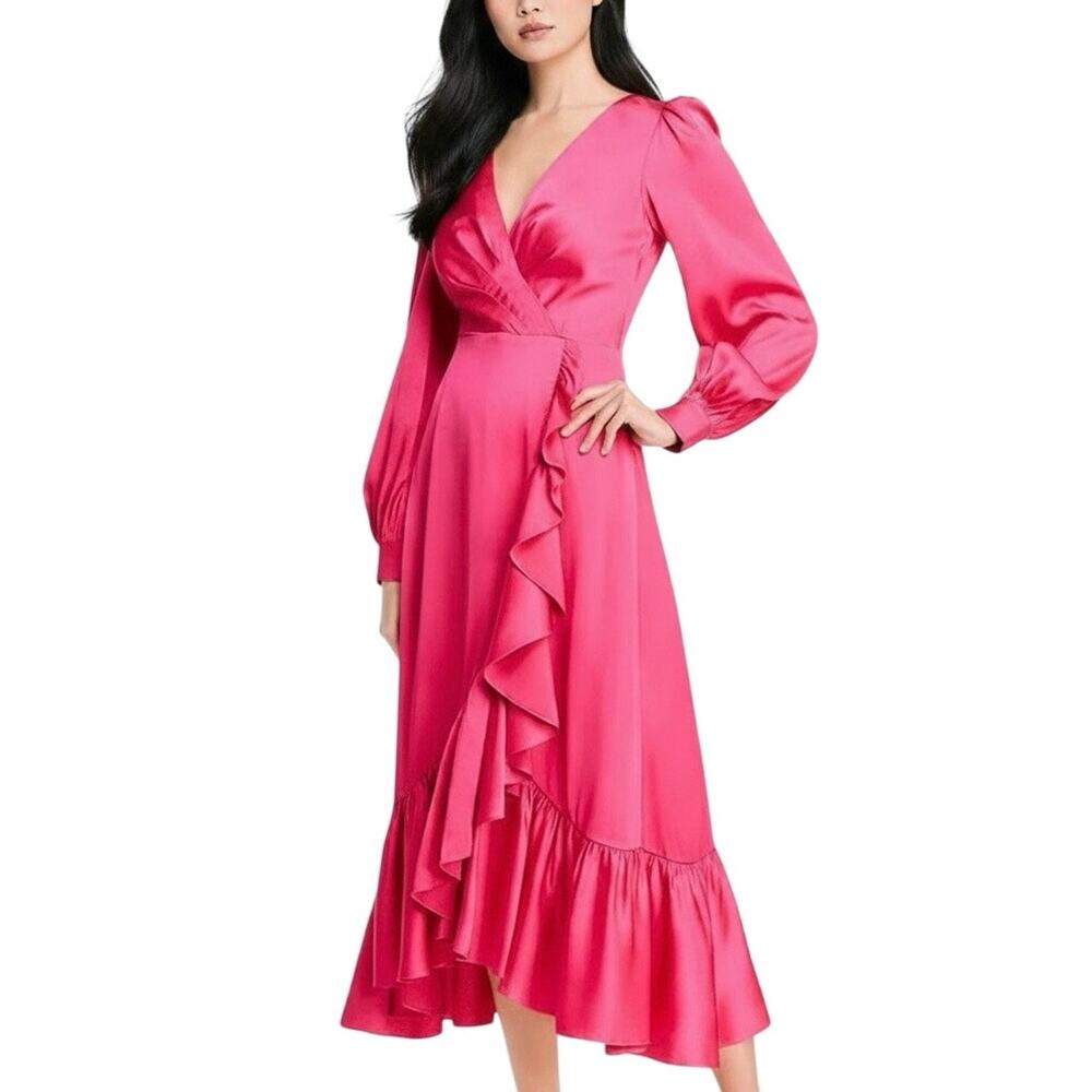 Sachin & Babi Fuschia Satin Ruffle Maxi Dress - 12